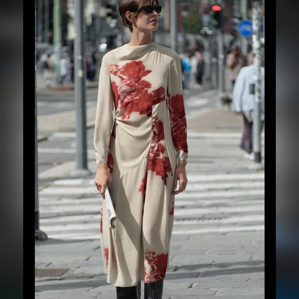 Zara Floral Draped Midi Dress Size XS Cream Red Long Sleeve